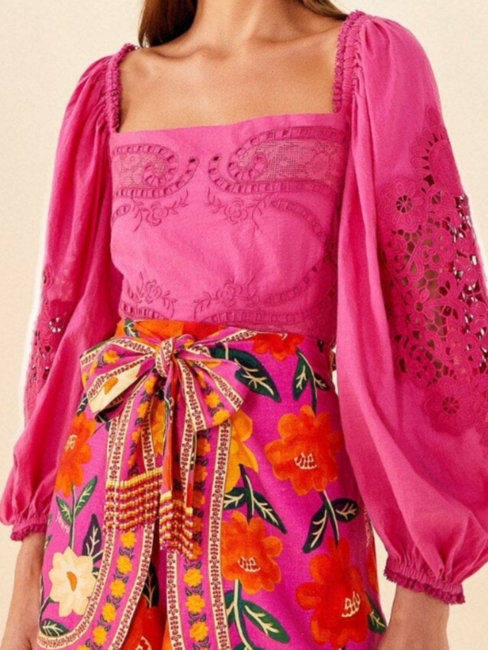 Farm Rio Eyelet Lace Cropped Boho Blouse Pink Large